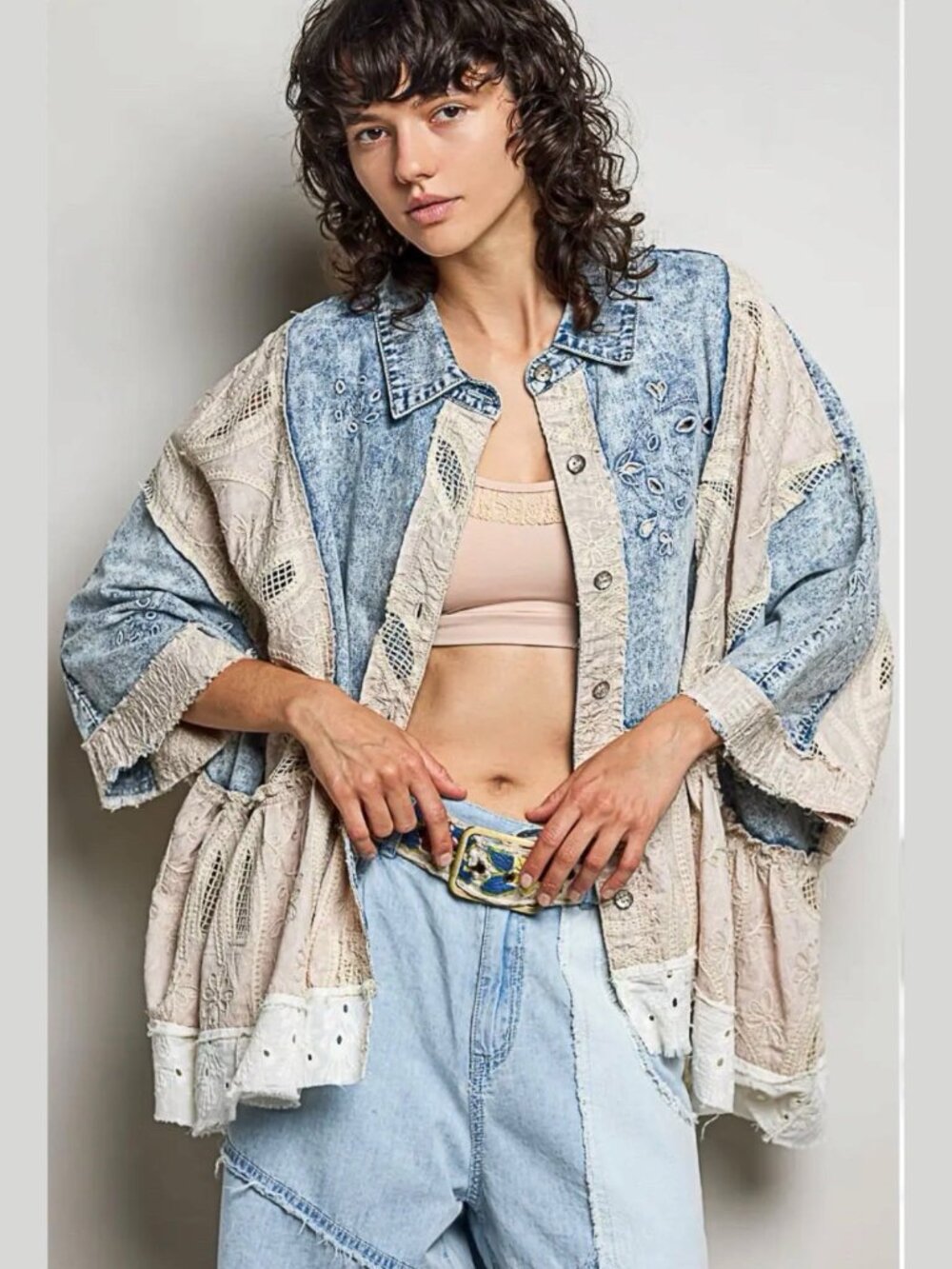 Pol Eyelet Ruffles Embroidered Crochet Patch Denim Jacket Relax Fit Size S M L - Picture 5 of 14